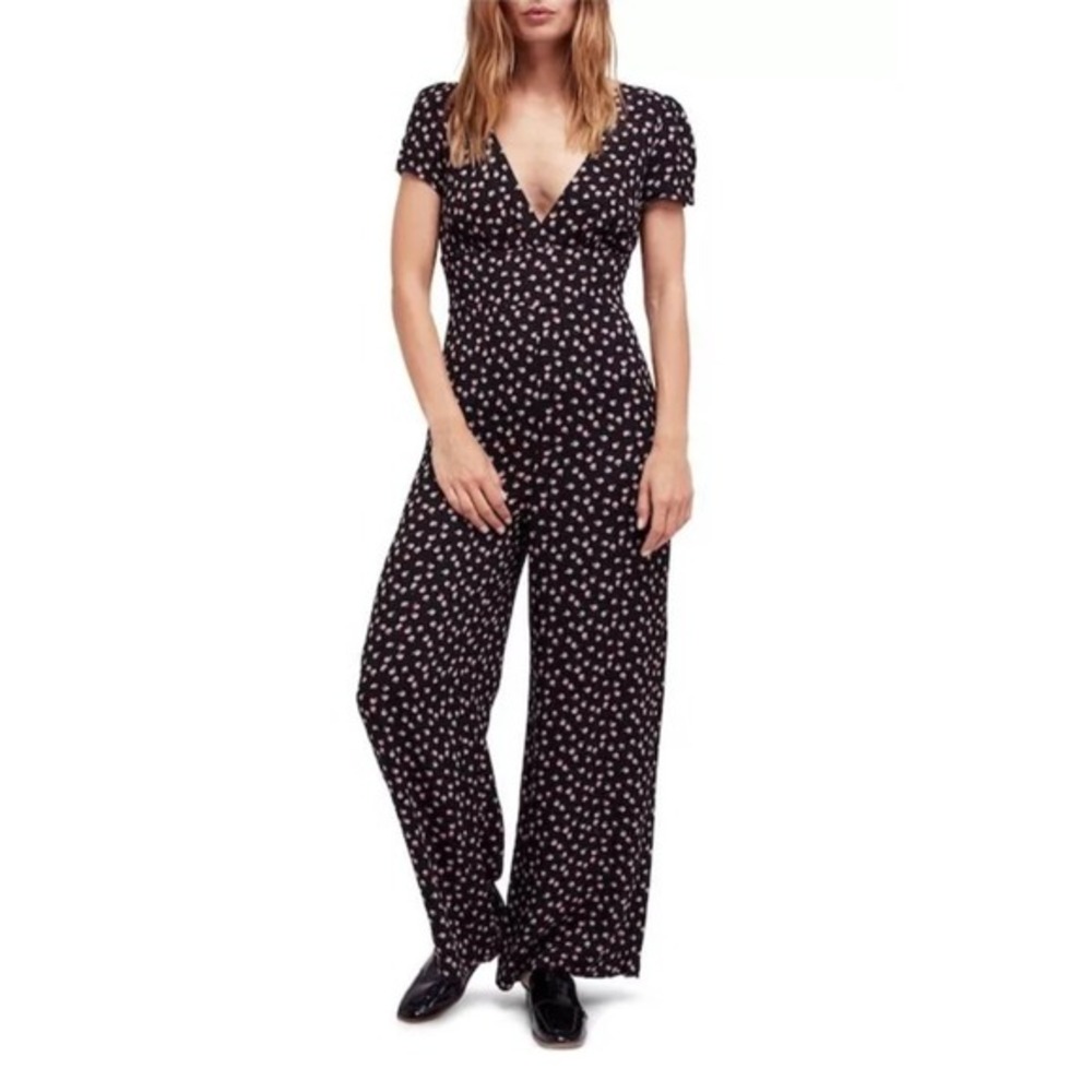 Free People Mia‎ Black and Pink Rose Jumpsuit Size 0